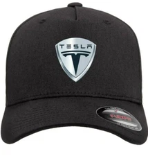 Tesla Motor White Logo Black Hat Flexfit Baseball Cap Printed Emblem S/M & L/XL