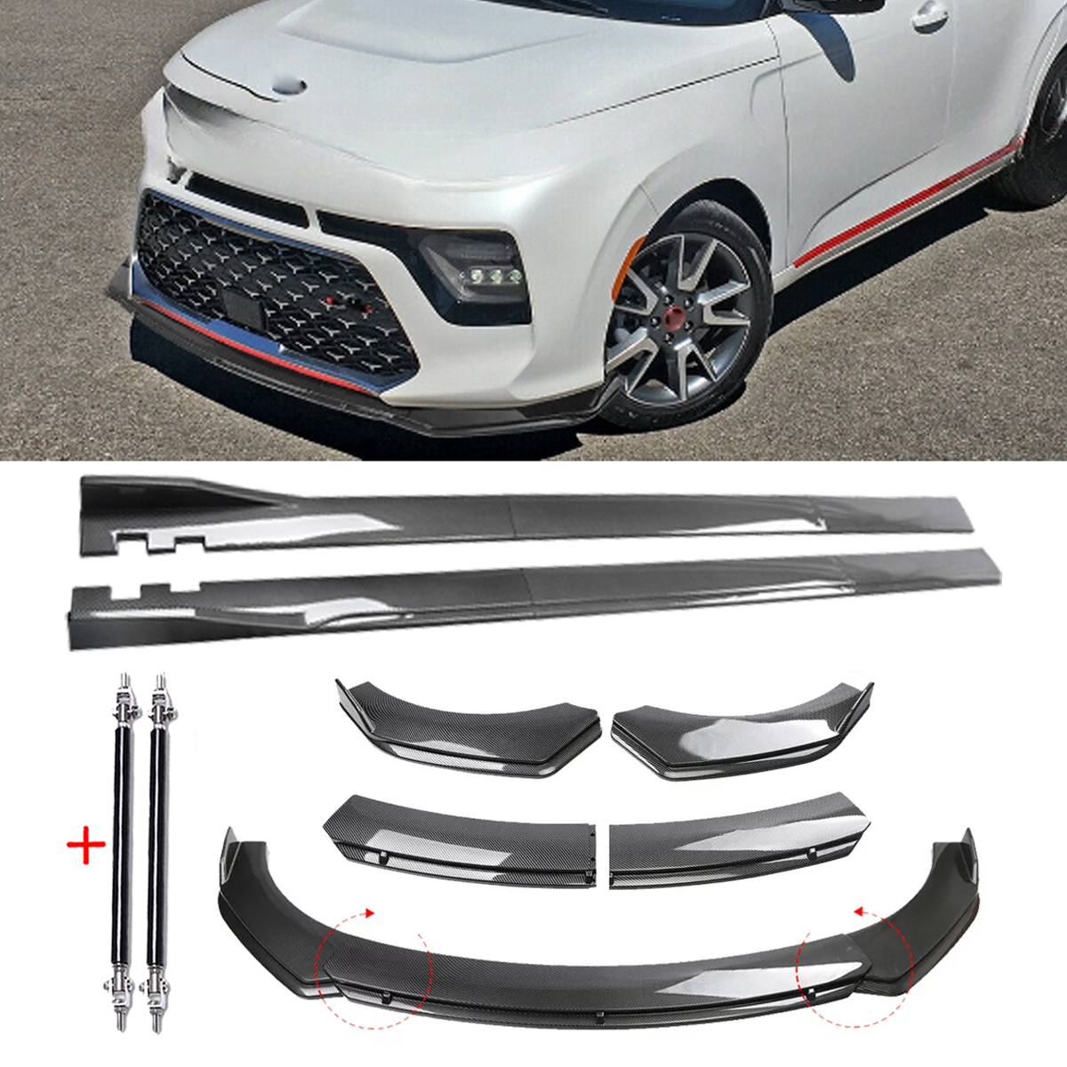 Kia Soul Hatch Carbon Fiber Front Lip Spoiler Bumper Chin Kit with Strut Rod