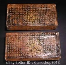 8" Old Chinese Buddhism Yellow Crystal Carving Inscription Square Brick Pair