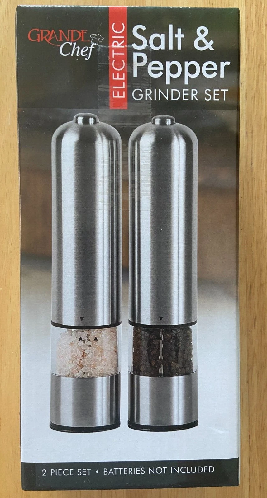 GRANDE CHEF ELECTRIC SALT & PEPPER GRINDER SET ONE BUTTON BATTERY OPERATED NIB