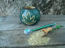 Mate Gourd Hand Carved Cannabis Leaf - Mate Calabaza + Straw +Bonus Spoon Yerba 