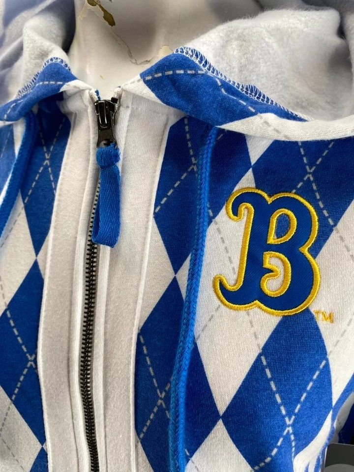 NUEVA Chaqueta con Capucha California UCLA Bruins Coliseo Blanco Azul Argyle Para Mujer M Foto 2 de 4