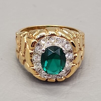 Rhinestone Ring Green Glass Clear Gold Tone Stamped Sz 10