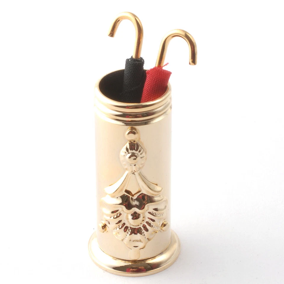 Casa Delle Bambole Solido Ottone Ombrello Stand & 2 Ombrelli 1 Rosso E 1 Nero - Immagine 2 di 2
