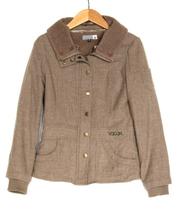 Volcom Woman's S Wool Blend Jacket Brown Sherpa Barn Collar Lined Zip Snap Coat