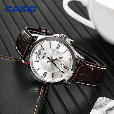 Casio MTP-1381L-7A Mens Classic Day Date Watch Silver Dial Brown Leather 50M