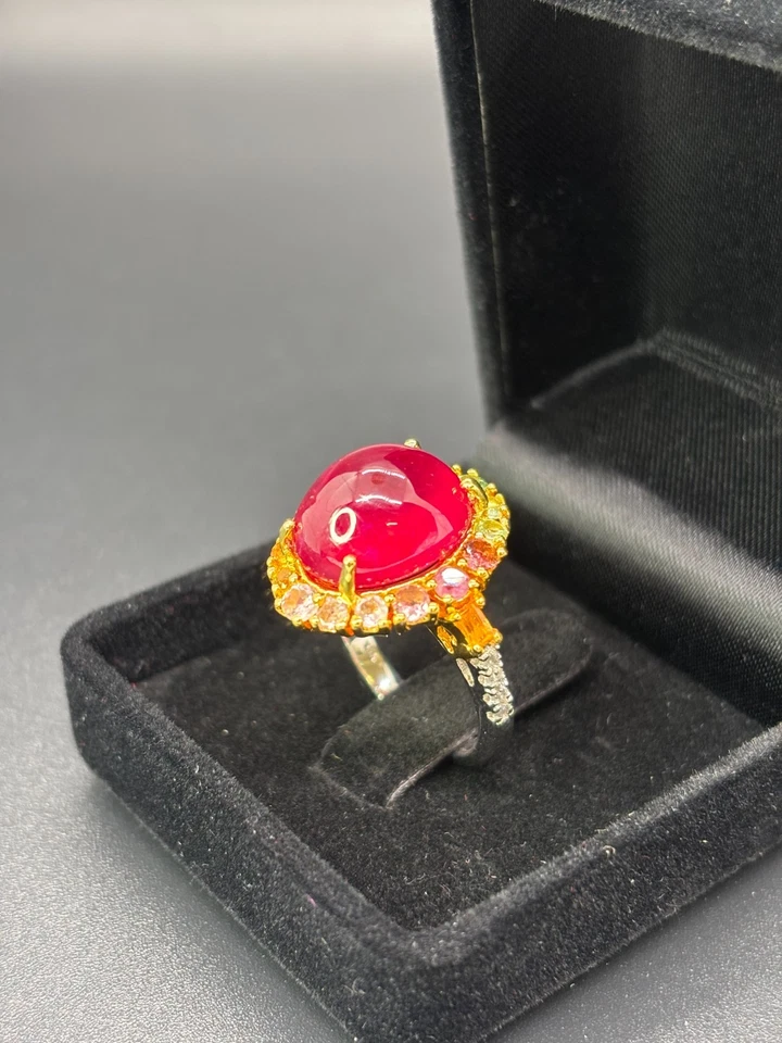925 Silver & 24KT Gold-Plated Natural Ruby, Tourmaline & Citrine Ring Certified - Image 2 of 4