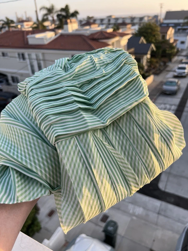 Oscar de la Renta Verde Blanco Rayas Seda Babydoll Cóctel Vestido Volante Talla 8 Foto 4 de 4