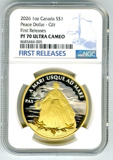 2026 CANADA 1 OZ SILVER PROOF NGC PF70 PEACE DOLLAR YELLOW GOLD FIRST RELEASES