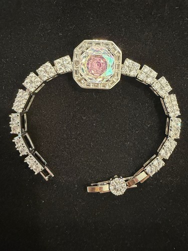 Silver Tone Tennis Link Chain Bracelet, Octagon Centerpiece Rhinestone Stone
