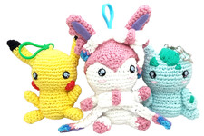 Handmade Pokemon Amigurumi Crochet Set of 3 Clip On Pikachu Sylveon Bulbasaur