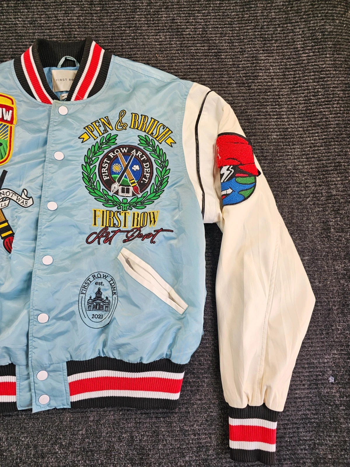 First Row Jacket Pen & Brush Varsity Jacket Mens Medium Sky Blue Quilted Lined - product detail image 4