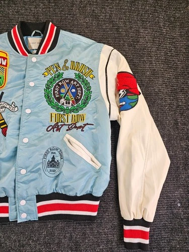 First Row Jacket Pen & Brush Varsity Jacket Mens Medium Sky Blue Quilted Lined image 4