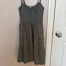 Madewell Smocked Mini Dress Women Small Green Floral Tiered Pockets Adjustable