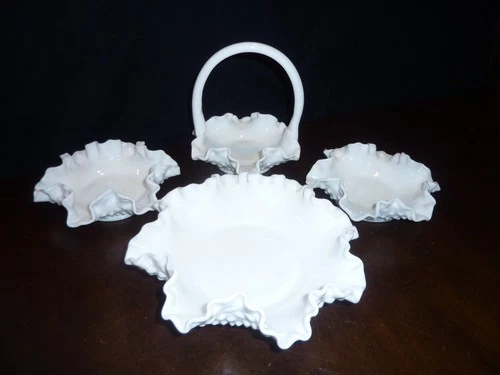 Fenton milk glass hobnail lot: 1-7.5" & 2-5 3/4" low ruffled dishes + 5.5"basket