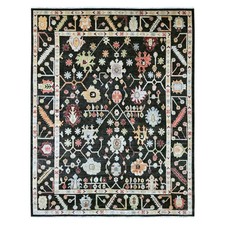 9'1"x11'7" Black Hand Knotted Afghan Angora Oushak Leaf Design Wool Rug 22685