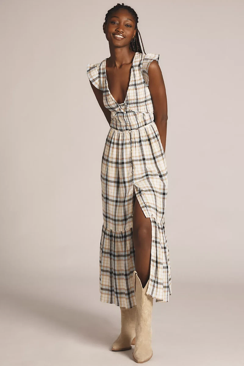 green emerald velvet dress Maeve Anthropologie Plaid Smocked Dress (S) main image 0