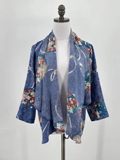Citron Blue Floral Silk Draped Open Kimono Cardigan Top Sz PM