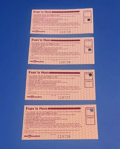 4 RARE unused Vintage 1987 Walt Disney World Fun ‘N Sun Tickets. Sequential #s - Picture 1 of 3