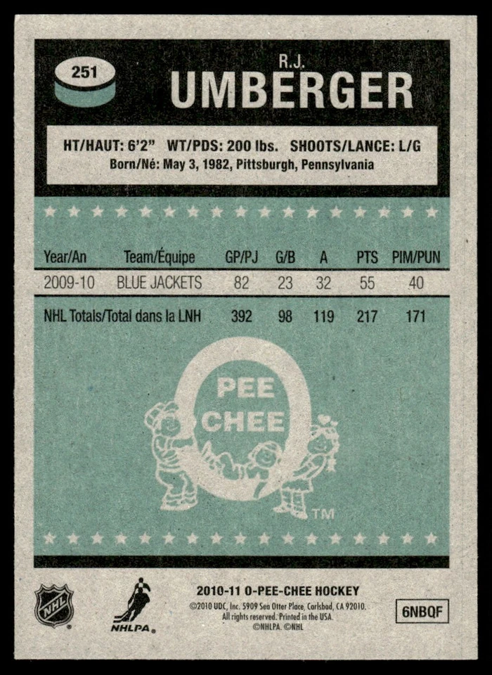2010-11 O-Pee-Chee Retro R.J. Umberger Columbus Blue Jackets #251 - Image 2 of 2