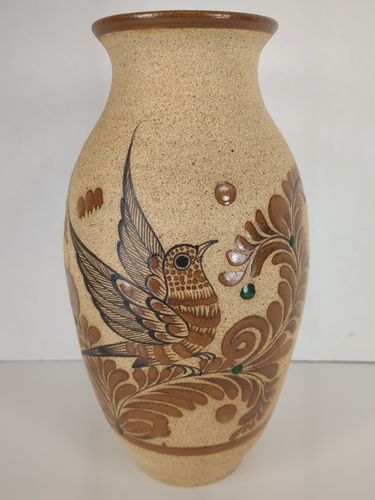 Vintage Tonala Vase Vogel Blume mexikanische Volkskunst signiert Keramik handbemalt 10"