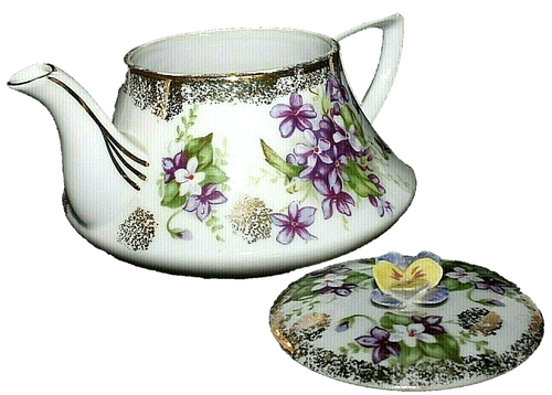 Porcelain Teapot Set Sugar & Creamer W/Lid White Purple Violets 24K Gold Gilding - Picture 2 of 12