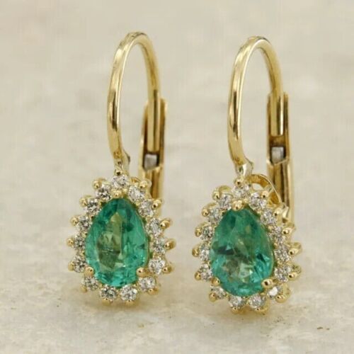 2.00Ct Pear Cut Simulated Emerald Dangle & Drop Earring 14K Yellow Gold Plated - Picture 1 of 4