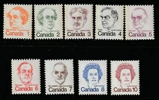Canada #586-593A, Caricature Definitives, Prime Ministers, Queen, MNH 1973-1976