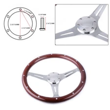 380mm 15" 6 Hole Chrome Dark Steering Wheel Real Wood Riveted Grip w/ Horn