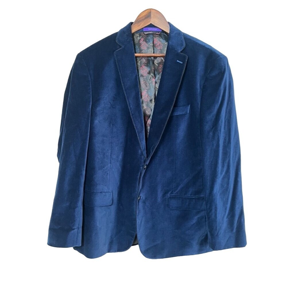 Tallia Men's XL Blue Velvet Jacket with Floral Lining and Pocket Square