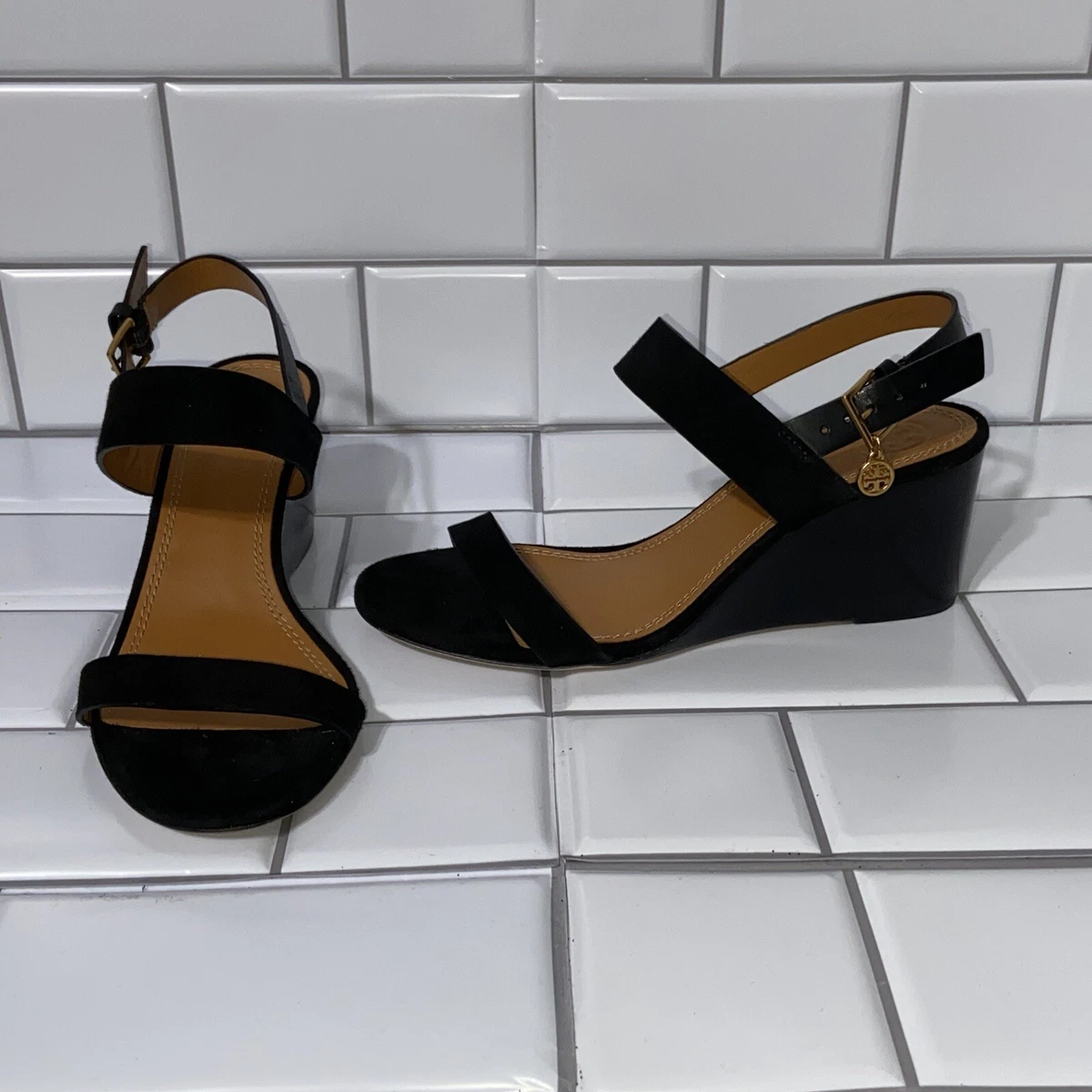 300 TORY BURCH WEDGE SANDALS MINI BENTON BLACK BROWN SUEDE