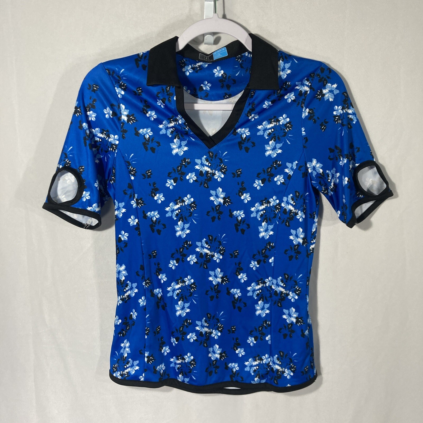 PGA TOUR floral v-neck short sleeve polo top in blue black white XS