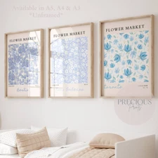 Set of 3 Blue Floral Flower Market Art Prints - Floral Wall Art Poster