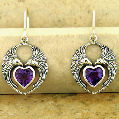 ECHTER AMETHYST 925 STERLINGSILBER VIKTORIANISCHER STIL LIEBE VOGEL OHRRINGE #944
