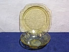 Vintage Madrid Amber 1930's Depression Cameo Pattern Glass Serving Plate & Bowl