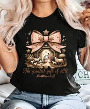 Women's Religious Christmas T-shirt - Nativity Scene & Manger & Mary Print Tee