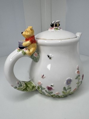Disney Winnie the Pooh Simply Pooh Ceramic Teapot Floral Bee Design Lid Flawed 