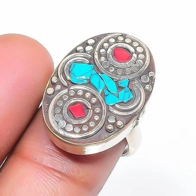 Bague réglable pierre précieuse corail turquoise argent tibétain bijoux... - Photo 1/4