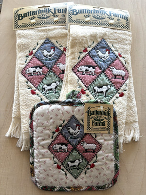 Vtg 1980s Cow Pig Chicken Kitchen Towel Potholder LOT of 3 NWT Applique Cottage
