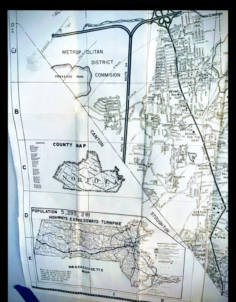 Mapa plegable Randolph, MA 1960 calles pueblos autopista de peaje Norfolk Co & población Foto 3 de 4