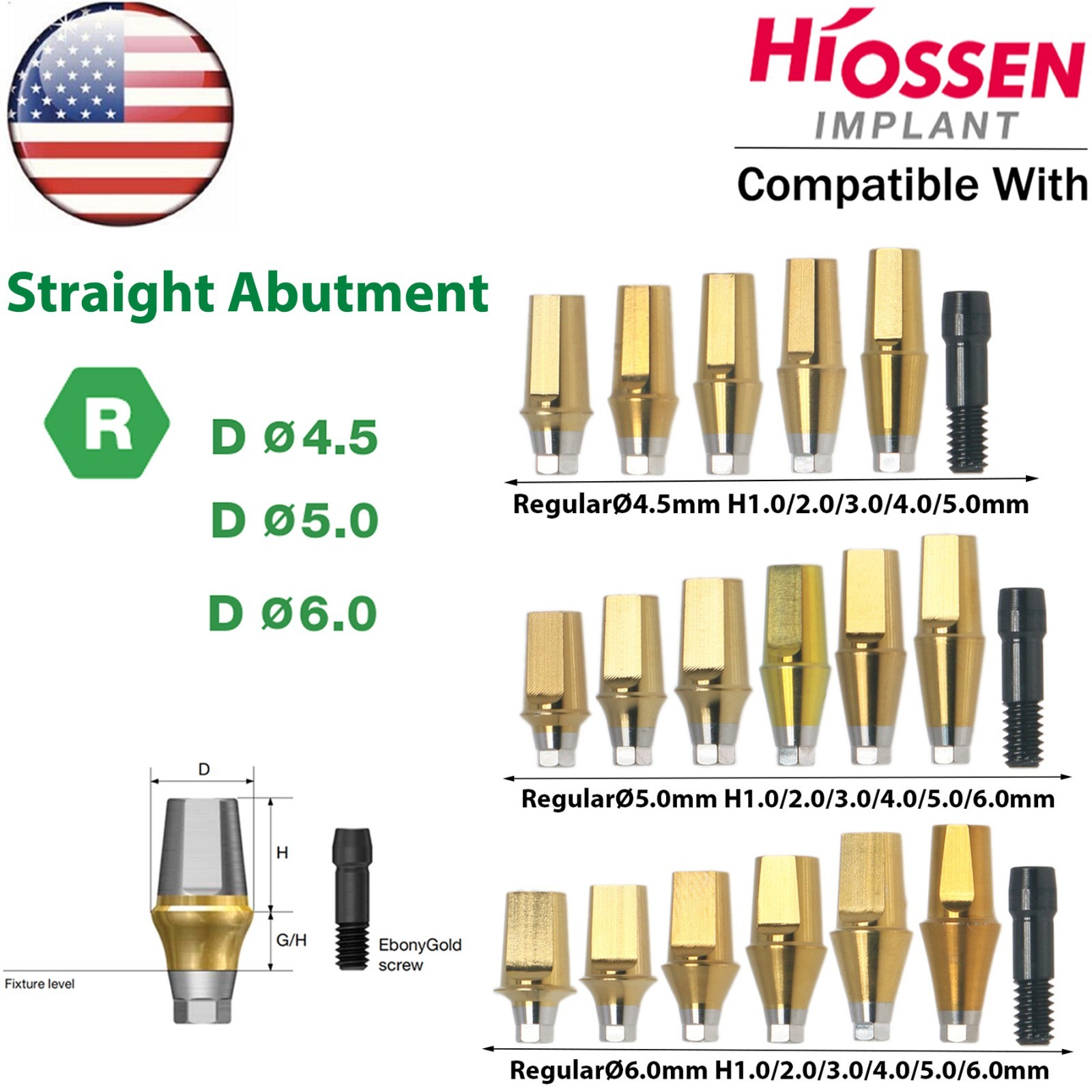 US Dental Straight Transfer Abutment Hex Fits Hiossen Osstem Regular Ø4.5/5.0mm