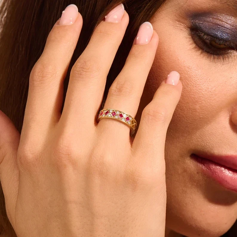 2Ct Princess Cut Lab-Created Gemstone Red Ruby Band Ring 14K Yellow Gold Plated - Image 4 of 4