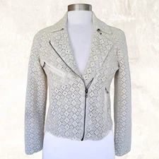 Anthropologie Dolan Rossi Eyelet Moto Jacket Blazer Small Ivory Pale Blue