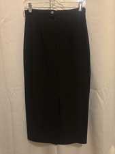 Black High Waist Midi Pencil Skirt Button Accent Zip Closure Solid