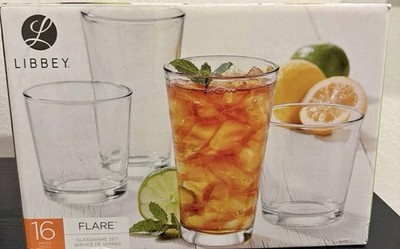 Libbey Flare 16-Piece Glassware Set Tumbler Glasses Clear Glass