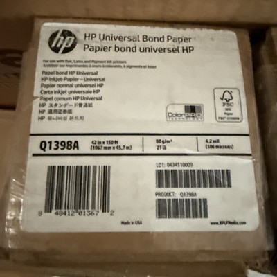 1 Roll HP Universal Bond Paper 42''x150' White Wide Format Paper Q1398A 
