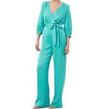 NWT Trina Turk Mineral Jumpsuit -Teal Belted Satin 3/4 Sleeve Jumpsuit- Size 6
