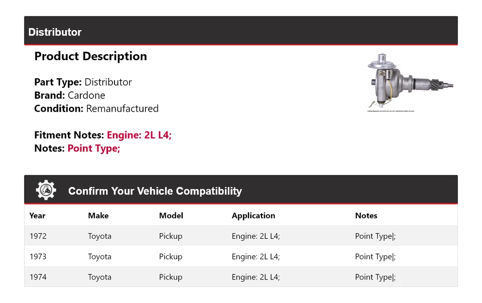 Toyota Pickup 1972-1974 2L L4 distribuidor Cardone 1973 Foto 2 de 4