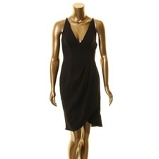 XSCAPE NEW Women's Black Deep V-neck Cocktail Faux-wrap Sheath Dress 2 TEDO