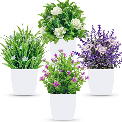 Der Rose 4 Pack Small Fake Flowers Plants Mini Artificial Potted Plants for Tabl